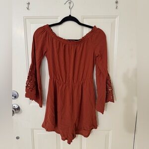 Lush Rust Off-Shoulder Tunic with Crochet Bell Sleeves